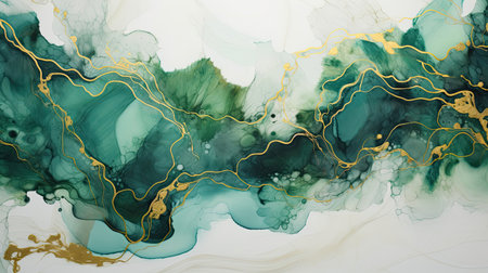 Opulent ink masterpiece featuring lush ferns in deep emerald greens entwined with golden vinesの素材