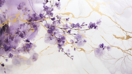 Lavender and lilac blossoms with intertwined golden vinesの素材