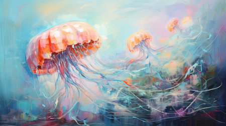 Mystical abstract oil acrylic painting illustration of ethereal jellyfish palette knife on canvasの素材