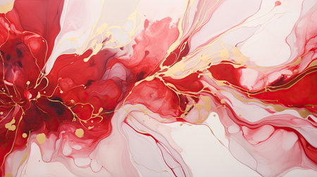 Vibrant marbled ink with intricate rose blooms in ruby and scarlet entwined with golden linesの素材