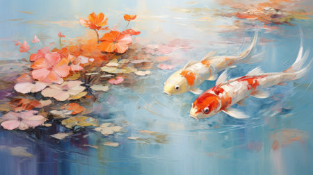 Serene abstract oil acrylic painting illustration of tranquil koi fish palette knife on canvasの素材
