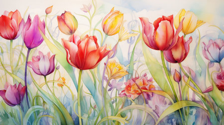 Regal marbled ink with tulips in vibrant colors intertwined with golden vines on white backdropの素材