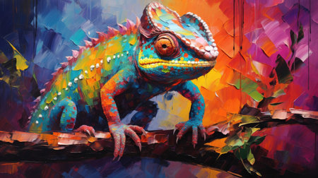 Playful abstract oil acrylic painting illustration of charming chameleon palette knife on canvasの素材