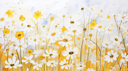 Whimsical marbled ink with delicate daisies in yellows and whites accented with golden linesの素材