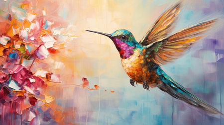 Lively abstract oil acrylic painting illustration of radiant hummingbird palette knife on canvasの素材