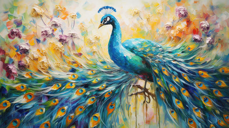 Vibrant abstract oil acrylic painting illustration of graceful peacock palette knife on canvasの素材