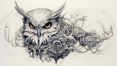 Intricate pen and ink drawing of an ornate steampunk-inspired mechanical owlの素材