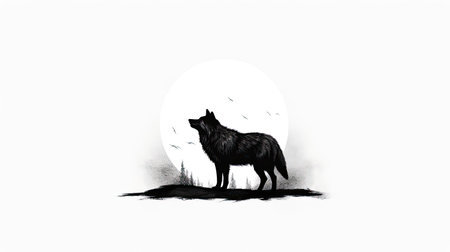 Minimalist ink drawing of a lone wolf silhouetted against a full moonの素材