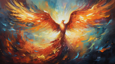 Enchanting abstract oil acrylic painting illustration of magical phoenix palette knife on canvasの素材