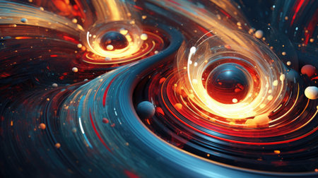 Abstract digital art with geometric shapes and vibrant swirling patternsの素材