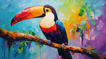 Exotic abstract oil acrylic painting illustration of vibrant toucan palette knife on canvasの素材