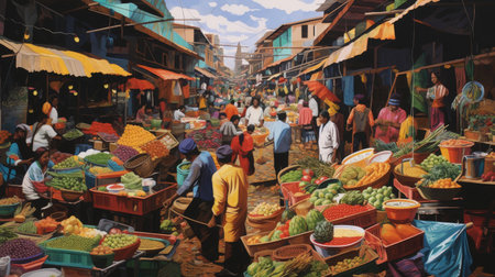 Vibrant gouache painting of a bustling market vendors and colorful stallsの素材