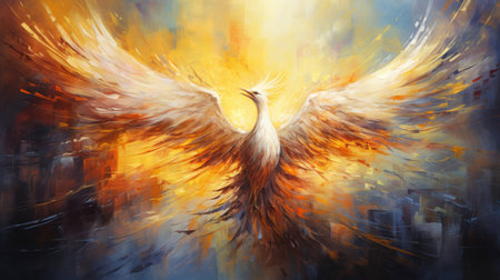 Enchanting abstract oil acrylic painting illustration of magical phoenix palette knife on canvasの素材