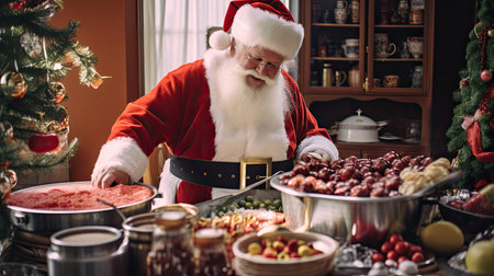 Santa Claus cooking a sumptuous holiday feast in a vibrant bustling kitchenの素材
