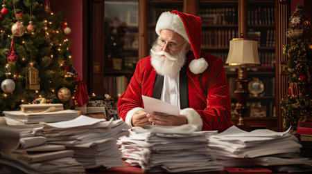 Santa tackles paperwork at a modern deskの素材
