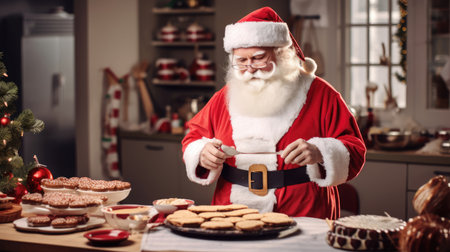 Santa flips pancakes in a modern kitchen showcasing culinary skillsの素材