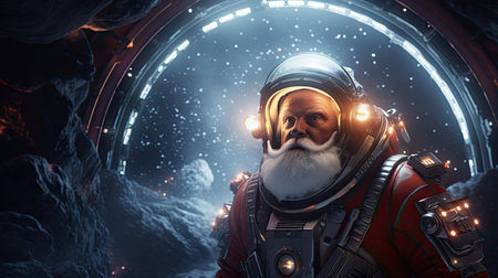 Santa explores asteroid in futuristic spacesuit seeking wondersの素材