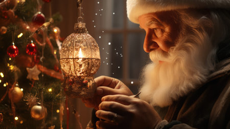 Santa hangs sparkling silver bell on Christmas tree adding a touch of magicの素材