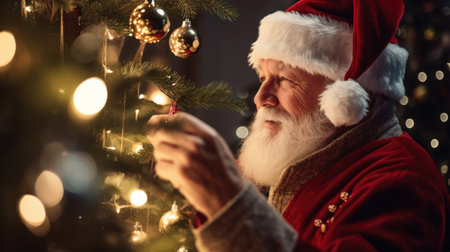 Santa places tiny silver bell on festively decorated tree adding a touch of magicの素材