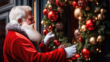 Santa adjusting a ribbon on a wreath decorated with sparkling ornaments for holiday cheerの素材