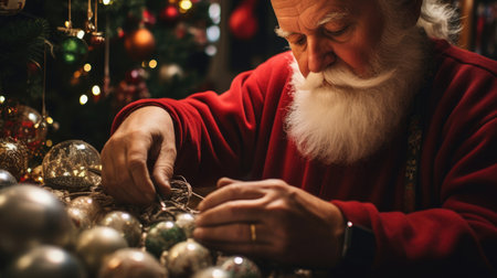 Santa arranges vintage ornaments on resplendent Christmas tree creating a dazzling displayの素材