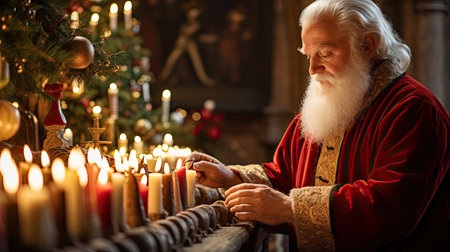 Santa delicately arranging candles on a mantle decorated with holly and pine conesの素材