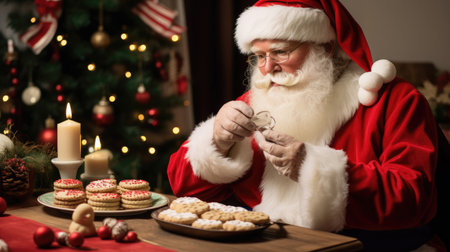 Santa Claus arranges cookies and milk on festively decorated tableの素材