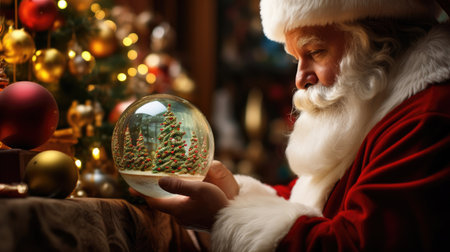 Santa Claus places delicate ornament on sparkling tree room alive with cheerの素材