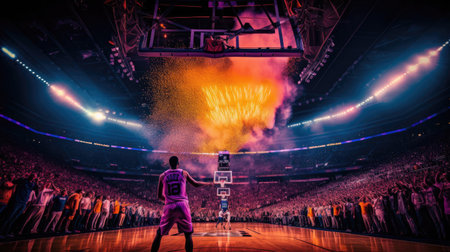 Basketball full-court buzzer-beater arena alive with vibrant colorsの素材