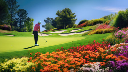 Picturesque golfer on flower-lined green colorful course settingの素材