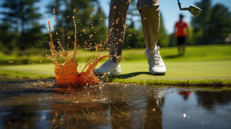 Vibrant green golf course golfer's precise putt impactの素材