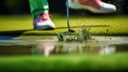 Impactful golf moment golfer's putt center cup with splash of colorの素材