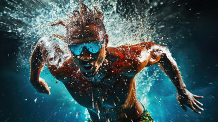 Swimmer emerging from dive shimmering water droplets in displayの素材