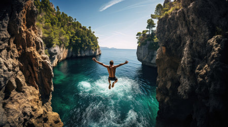 Exhilarating cliff dive into crystal-clear pool vibrant nature sceneの素材