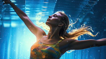 Synchronized swimmer's elegant pose underwater play of light and bubbles vibrant pool colorsの素材