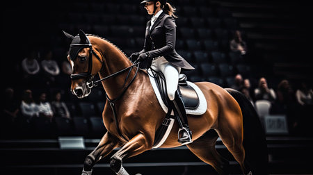 Rider's perfect sitting trot controlled energy bright sand colors poised posture skill and precisionの素材