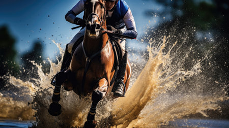 Rider and horse in challenging water complexの素材