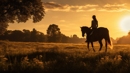 Rider and horse in meadowの素材