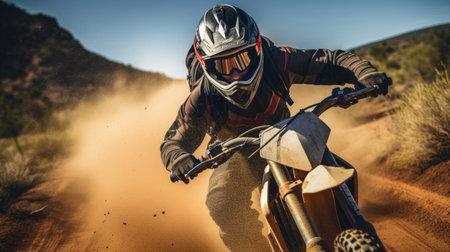 Motorcyclist's focus on challenging off-road trail natural colors controlled intensityの素材