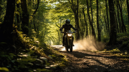 Motorcyclist in sun-drenched forest trail warm colors relaxed postureの素材