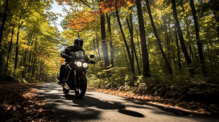 Motorcyclist in sun-drenched forest trail warm colors relaxed postureの素材