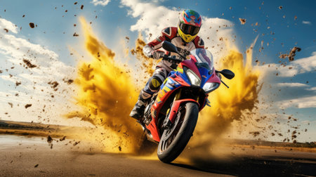 Exuberant celebration after race win victorious expression. Bright colors and expressions of joy create striking imageの素材