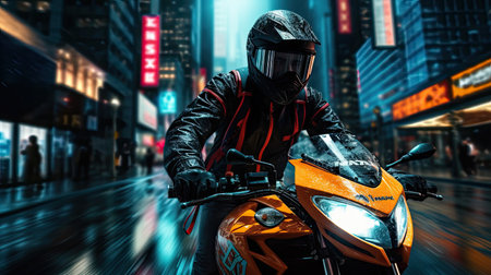 Motorcyclist in bustling city street high angle with colorful city lights reflecting off wet pavement. Vibrant neon signs and determined look create captivating sceneの素材