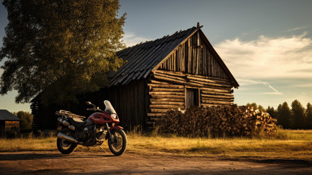 Motorcyclist beside rustic barn low angle with warm wooden colors. Sense of tranquility and rural serenityの素材