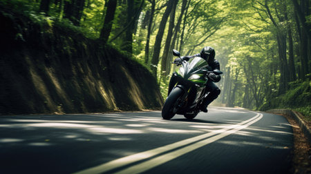 Maneuvering through mountain hairpin turns low angle with lush forest backdrop. Vivid greenery and precise technique create captivating sceneの素材