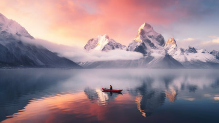 Kayaker on glassy lake snow-capped mountainsの素材