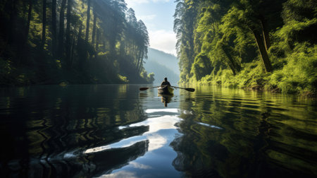 Calm river lush forests mirrored waterの素材