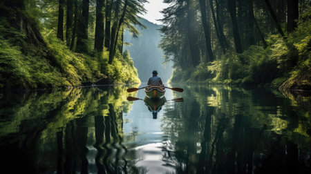 Calm river lush forests mirrored waterの素材