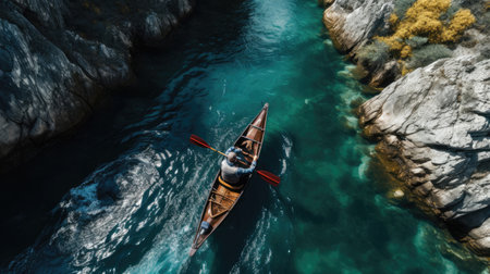 Canoeist navigating a narrow riverの素材