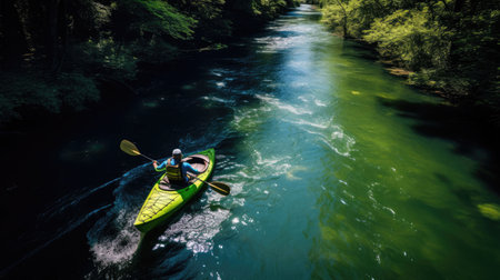 Canoeist navigates river bendsの素材